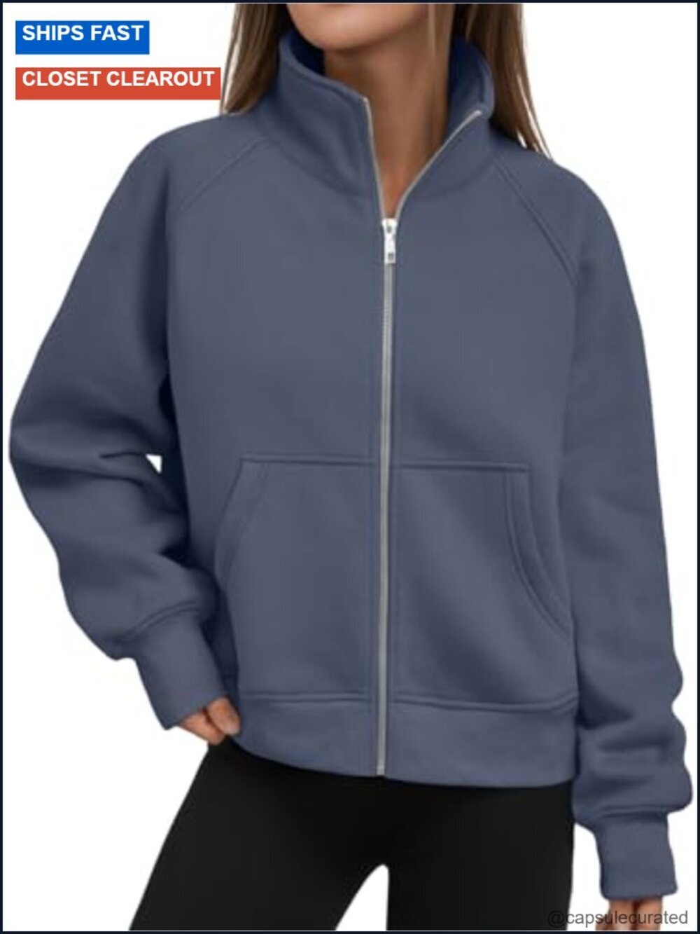 Cropped Zip Up Y2K Hoodie No Hood Stand Collar Jacket with Pockets Soft Fleece